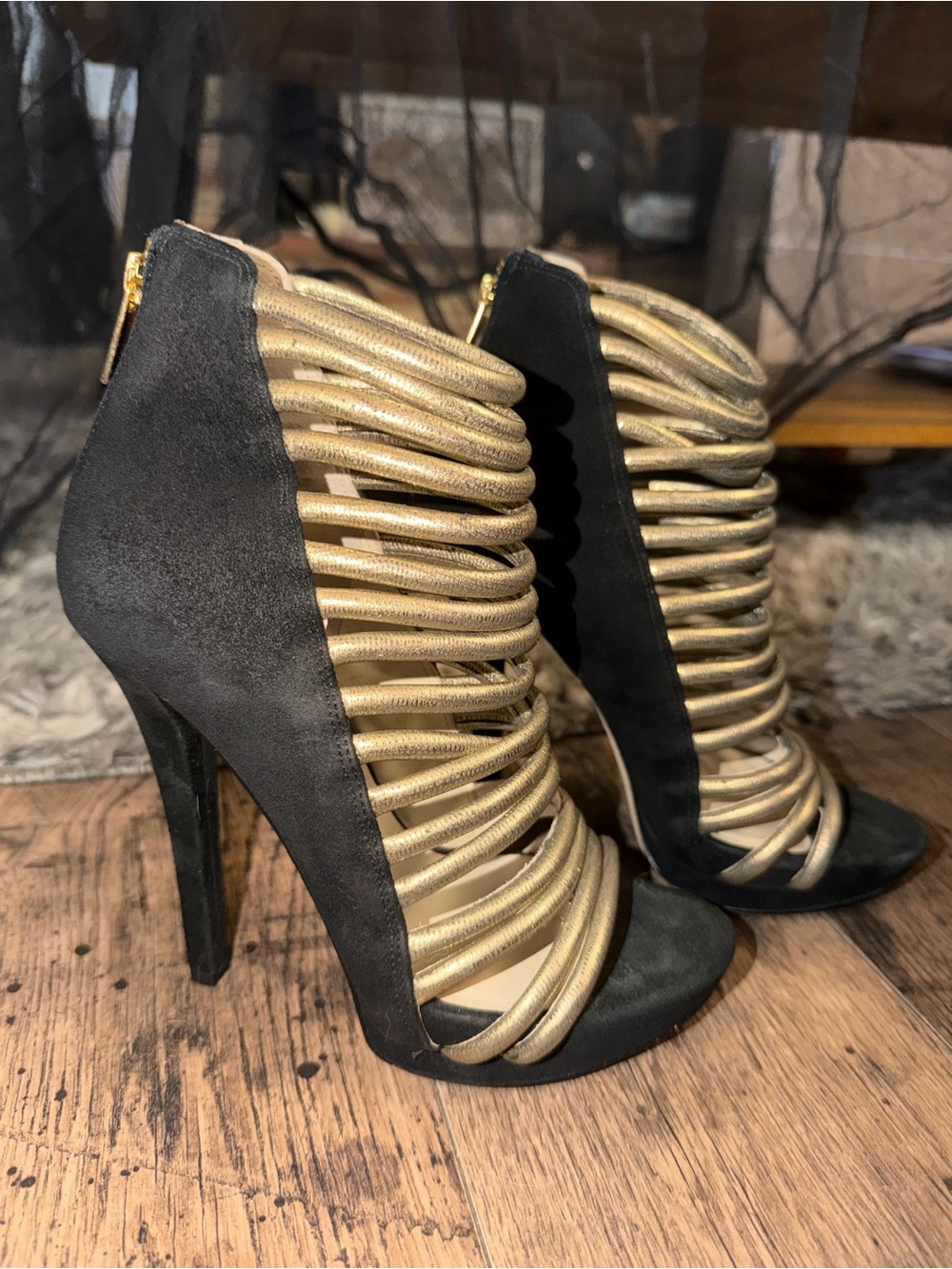Michael Kors Black Suede Strappy Open Toe Stiletto Zip Heels Size 7 M